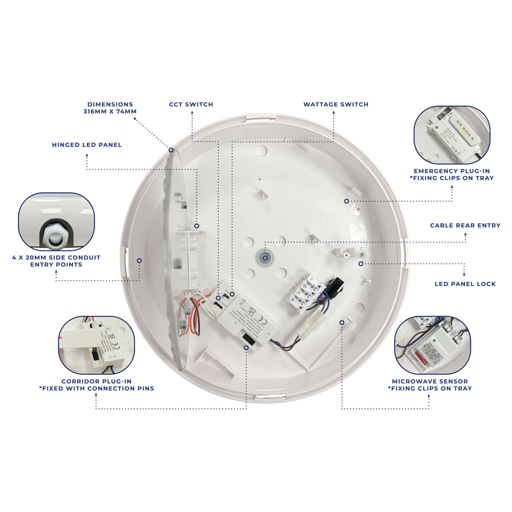 CE3X5 | Round Bulkhead Light Fitting | LED Multi Wattage 8-16W | CCT 5-Colour | IP65 | 3hr Emergency | Black