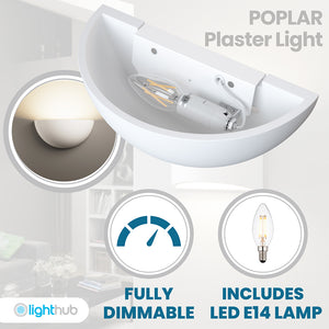 POPLAR Half Moon Paintable Plaster Uplighter Fitting | E14 (SES) | Up Light Effect | LED 2700K Warm White