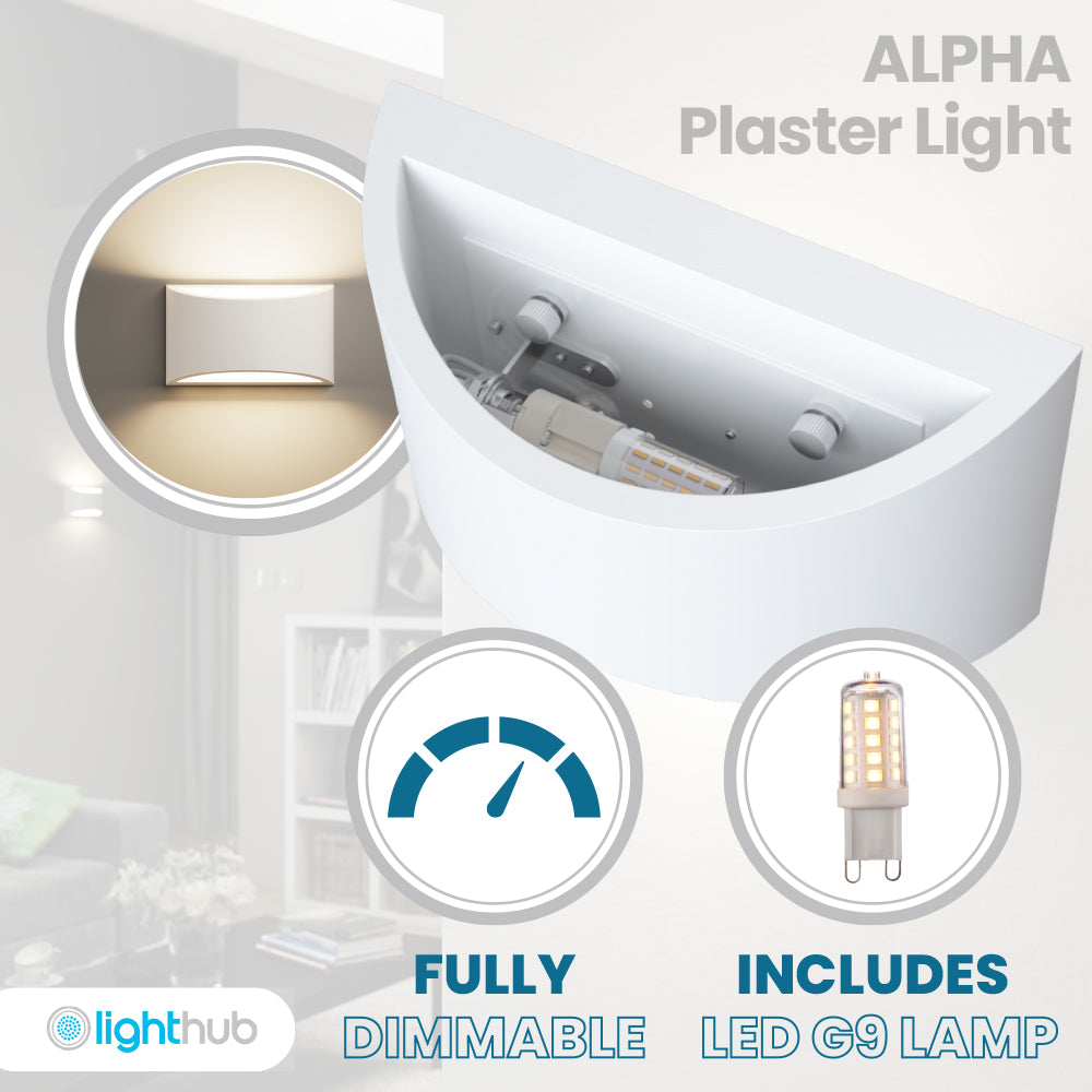 ALPHA G9 LED Curved Plaster Uplighter Fitting | Up Down Light Effect | 3000K Warm White Dimmable