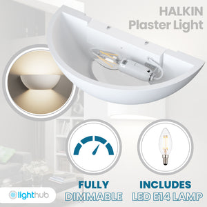 HALKIN Half Moon Plaster Uplighter Fitting | E14 (SES) | Up Down Light Effect | 2700K Warm White Dimmable