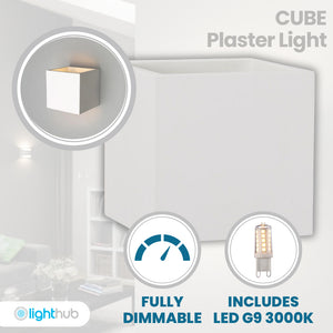 CUBE LED Square Paintable Plaster Wall Uplighter Light | G9 | Up Down Light Effect | 3000K Warm White Dimmable