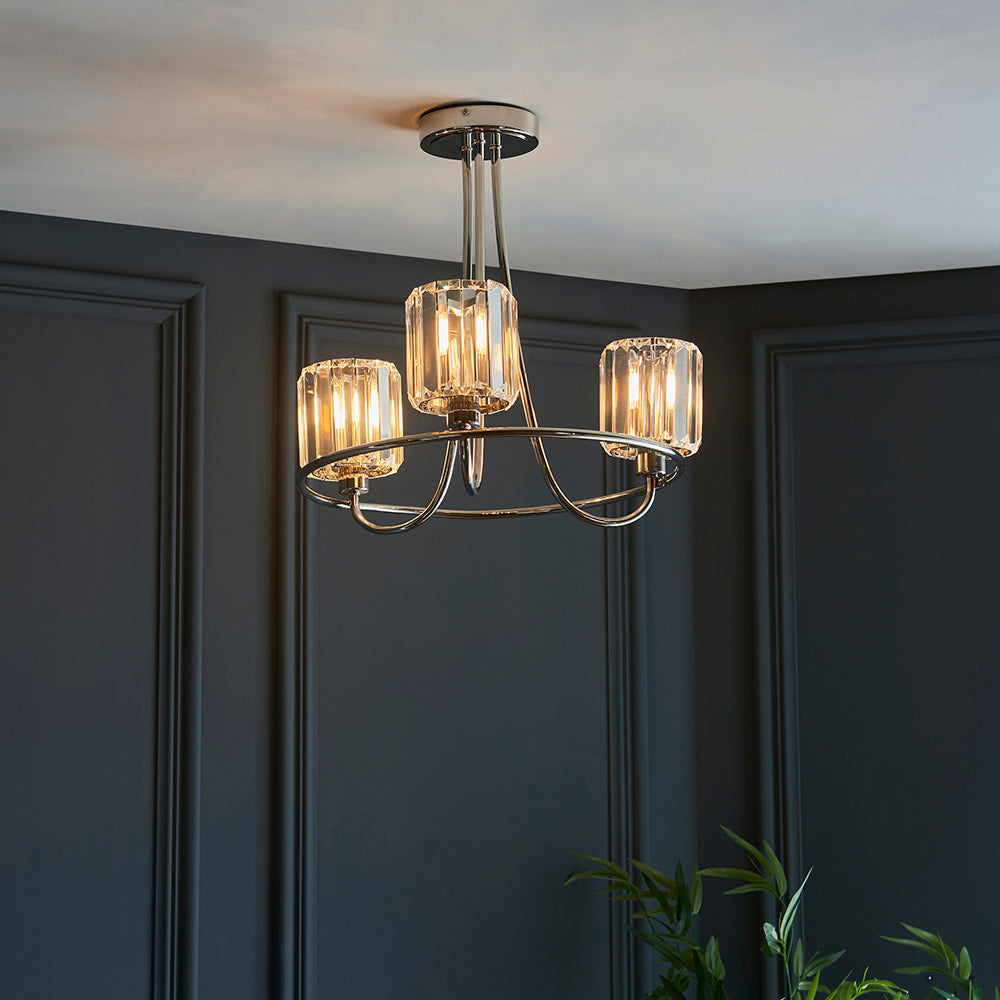 BERENICE | Ceiling Chanderlier Pendant Decorative Glass 3-Light Fitting | E14 | Polished Nickel