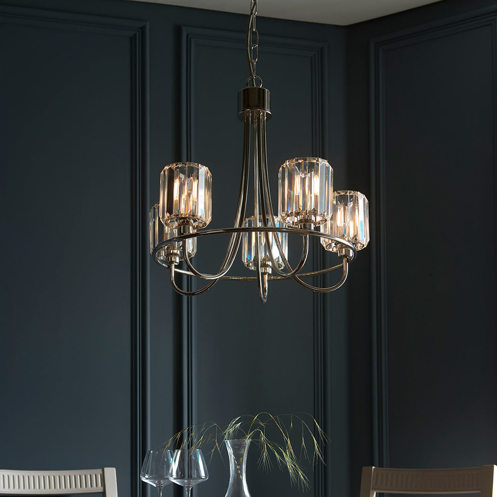 BERENICE | Ceiling Chanderlier Pendant Decorative Glass 5-Light Fitting | E14 | Polished Nickel