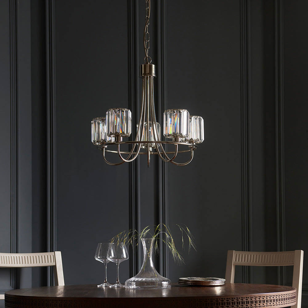 BERENICE | Ceiling Chanderlier Pendant Decorative Glass 5-Light Fitting | E14 | Polished Nickel