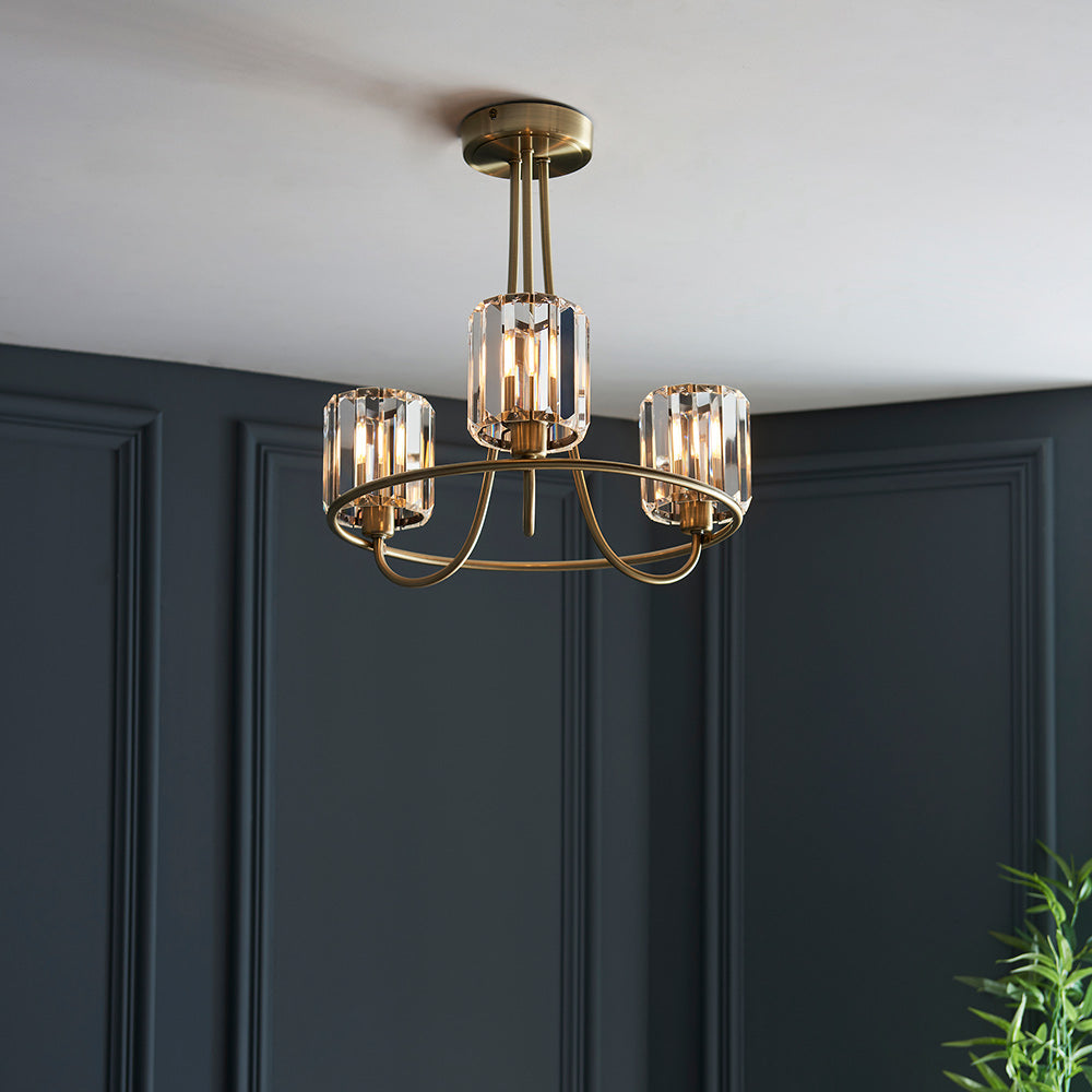 BERENICE | Ceiling Chanderlier Pendant Decorative Glass 3-Light Fitting | E14 | Antique Brass