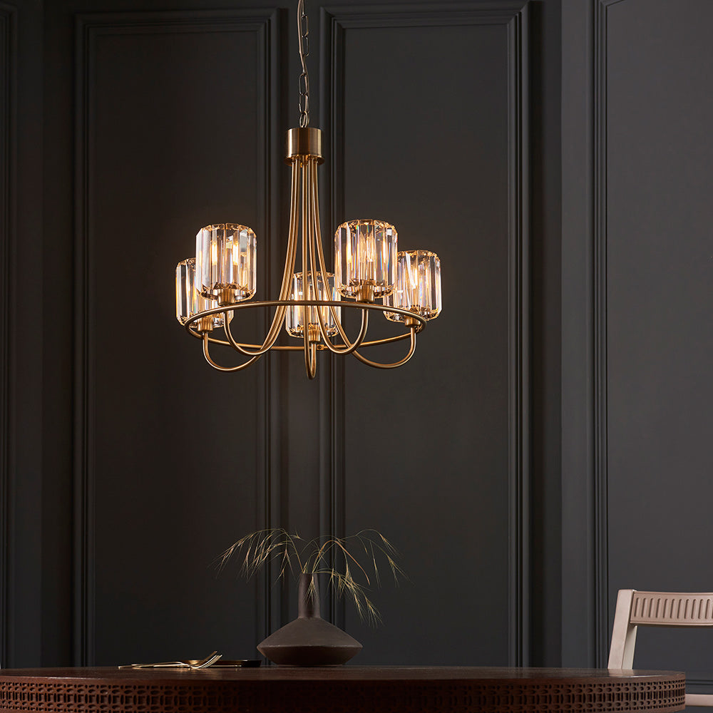 BERENICE | Ceiling Chanderlier Pendant Decorative Glass 5-Light Fitting | E14 | Antique Brass