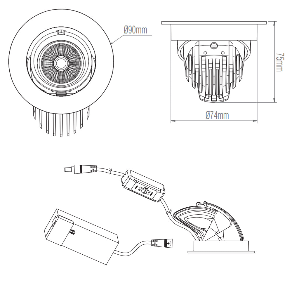 AXIAL | LED Recessed Tilt Scoop Round Commercial Downlight Fitting | 10.5W 900lm | CCT Tri-Colour | White