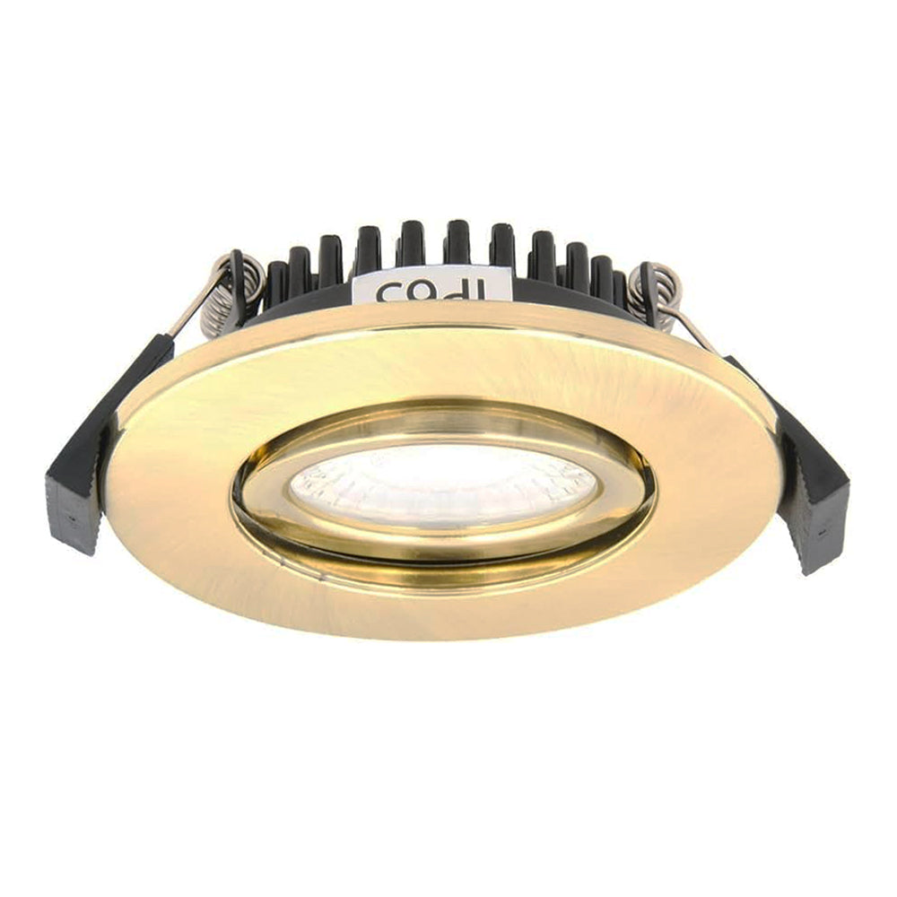 LED Slim Tilt Adjustable Fire Rated Downlight | Dimmable 5W 500lm | IP65 | 4000K Neutral White | Satin Brass