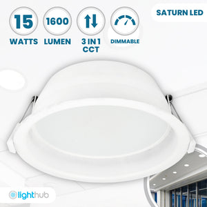 SATURN LED Recessed Round Dimmable Commercial Downlight Fitting | 15W 1600lm | CCT Tri-Colour | IP44 | Standard