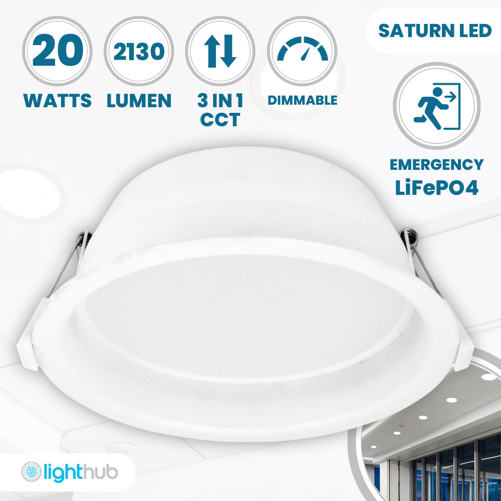 SATURN LED Recessed Round Dimmable Commercial Downlight Fitting | 15W 1600lm | CCT Tri-Colour | IP40 | 3hr Emergency Function