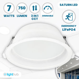 SATURN LED Recessed Round Dimmable Commercial Downlight Fitting | 7W 750lm | CCT Tri-Colour | IP40 | 3hr Emergency Function