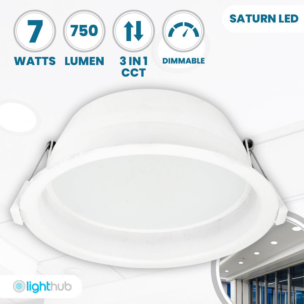 SATURN LED Recessed Round Dimmable Commercial Downlight Fitting | 7W 750lm | CCT Tri-Colour | IP44 | Standard