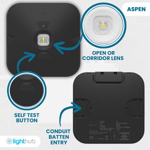 ASPEN Surface LED Downlight Ceiling Spot Light | LED 3W 280lm | 6000K Daylight | IP44 Black | 3hr Emergency | Corridor Lens