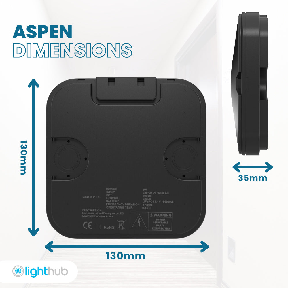 ASPEN Surface LED Downlight Ceiling Spot Light | LED 3W 280lm | 6000K Daylight | IP44 Black | 3hr Emergency | Corridor Lens