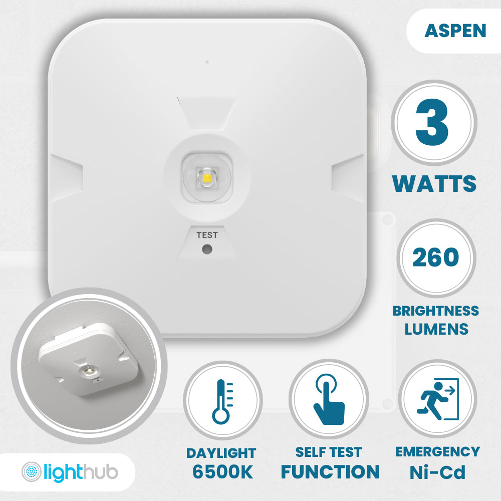 ASPEN Surface LED Downlight Ceiling Spot Light | LED 3W 280lm | 6000K Daylight | IP44 White | 3hr Emergency | Open Lens