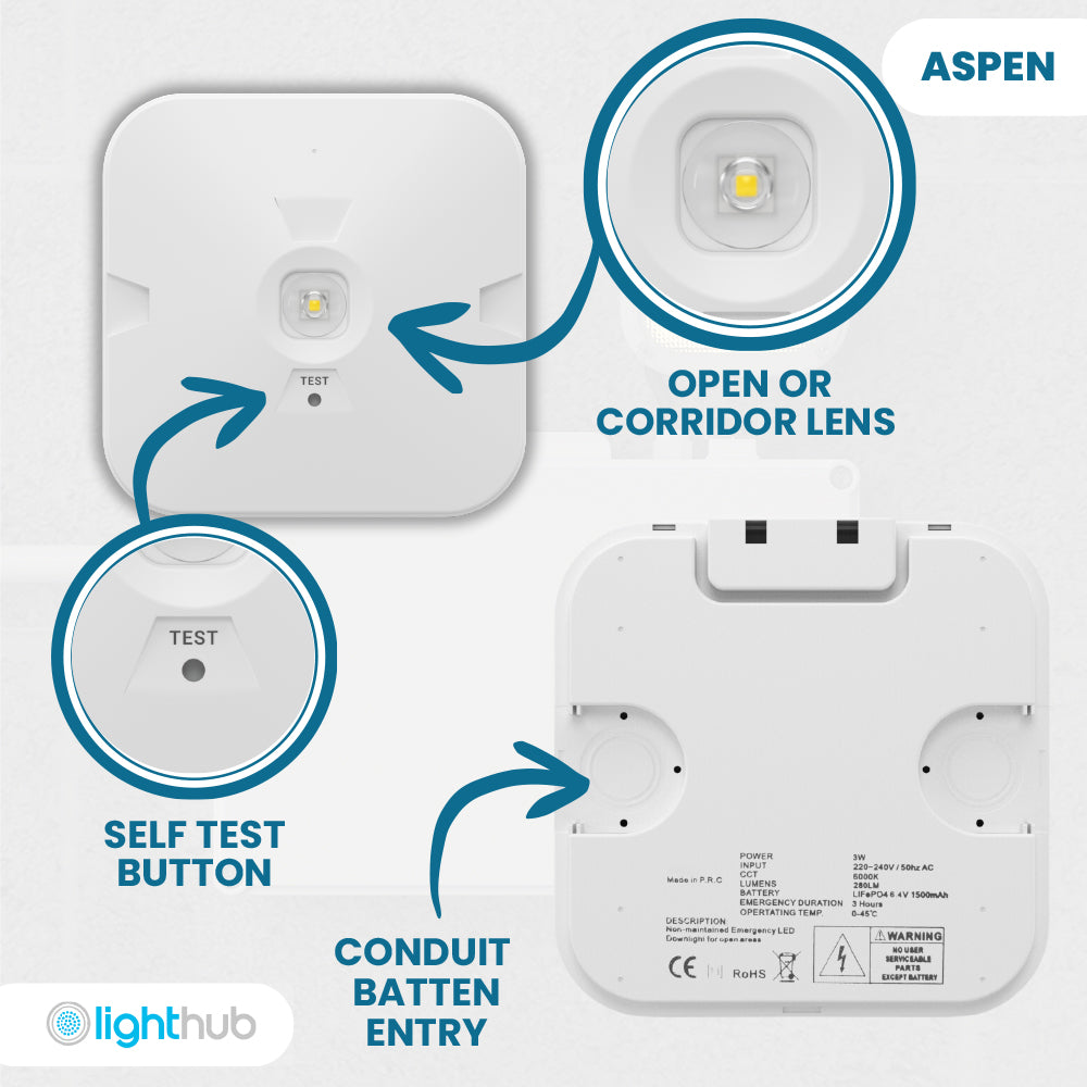 ASPEN Surface LED Downlight Ceiling Spot Light | LED 3W 280lm | 6000K Daylight | IP44 White | 3hr Emergency | Open Lens