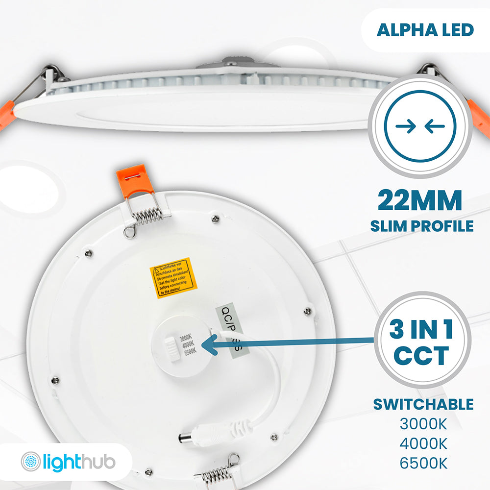 ALPHA-CT PANEL Slim Flat Recessed Round Downlight Fitting | LED 24W 2250lm | CCT Tri-Colour | IP44