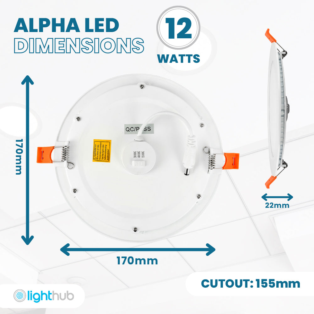 ALPHA-CT PANEL Slim Flat Recessed Round Downlight Fitting | LED 12W 1100lm | CCT Tri-Colour | IP44