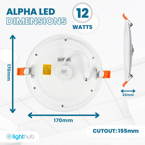 ALPHA-CT PANEL Slim Flat Recessed Round Downlight Fitting | LED 12W 1110lm | CCT Tri-Colour | IP44 | 3hr Emergency