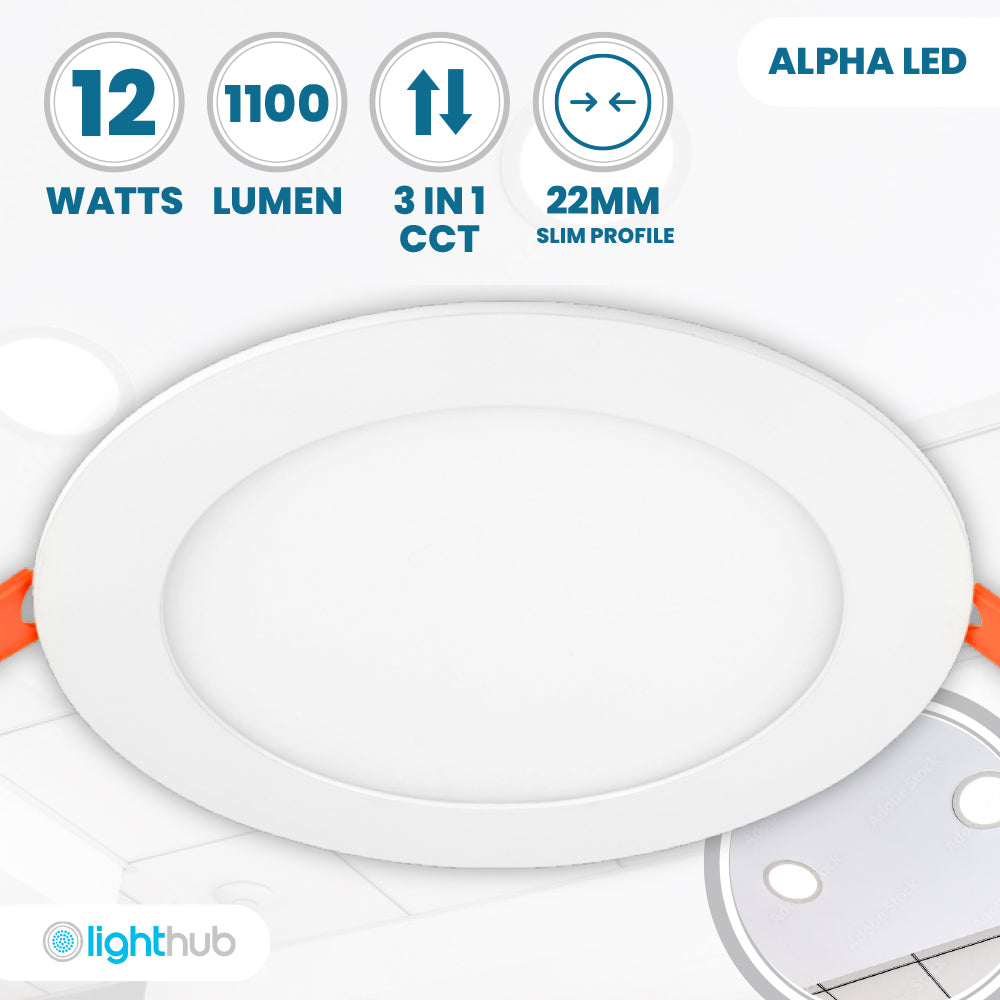 ALPHA-CT PANEL Slim Flat Recessed Round Downlight Fitting | LED 12W 1100lm | CCT Tri-Colour | IP44