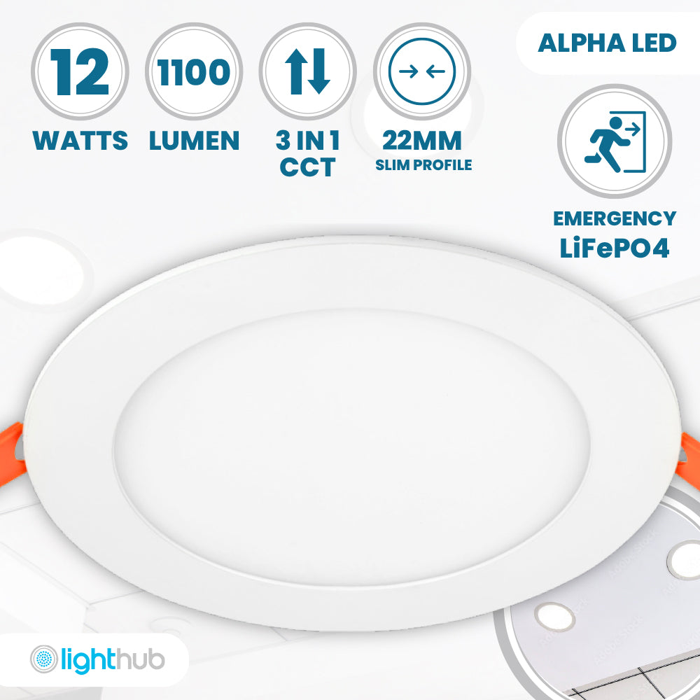 ALPHA-CT PANEL Slim Flat Recessed Round Downlight Fitting | LED 12W 1110lm | CCT Tri-Colour | IP44 | 3hr Emergency