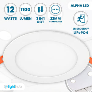 ALPHA-CT PANEL Slim Flat Recessed Round Downlight Fitting | LED 12W 1110lm | CCT Tri-Colour | IP44 | 3hr Emergency