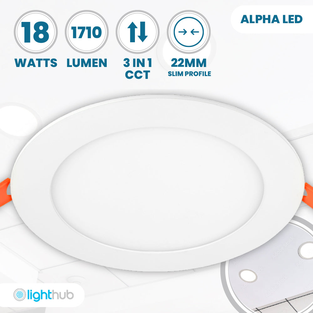 ALPHA-CT PANEL Slim Flat Recessed Round Downlight Fitting | LED 18W 1710lm | CCT Tri-Colour | IP44