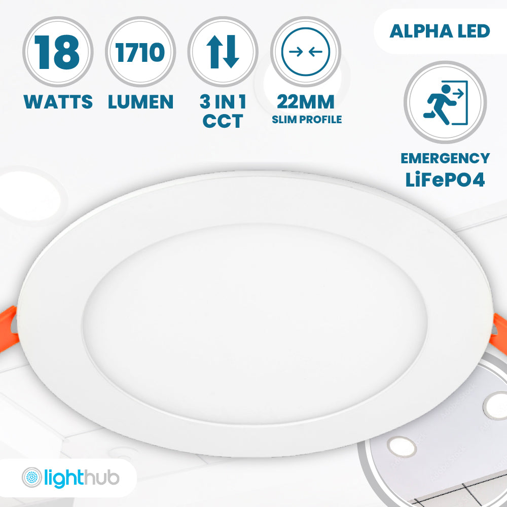 ALPHA-CT PANEL Slim Flat Recessed Round Downlight Fitting | LED 18W 1710lm | CCT Tri-Colour | IP44 | 3hr Emergency