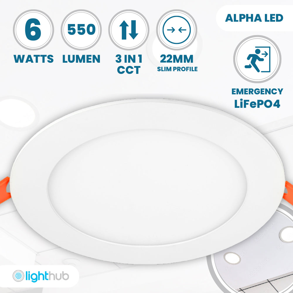 ALPHA-CT PANEL Slim Flat Recessed Round Downlight Fitting | LED 6W 550lm | CCT Tri-Colour | IP44 | 3hr Emergency