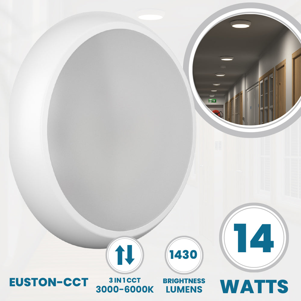 EUSTON CCT Slim Bulkhead Light Fitting | LED 14W 1430lm | CCT Tri-Colour Switchable | IP65 | Standard