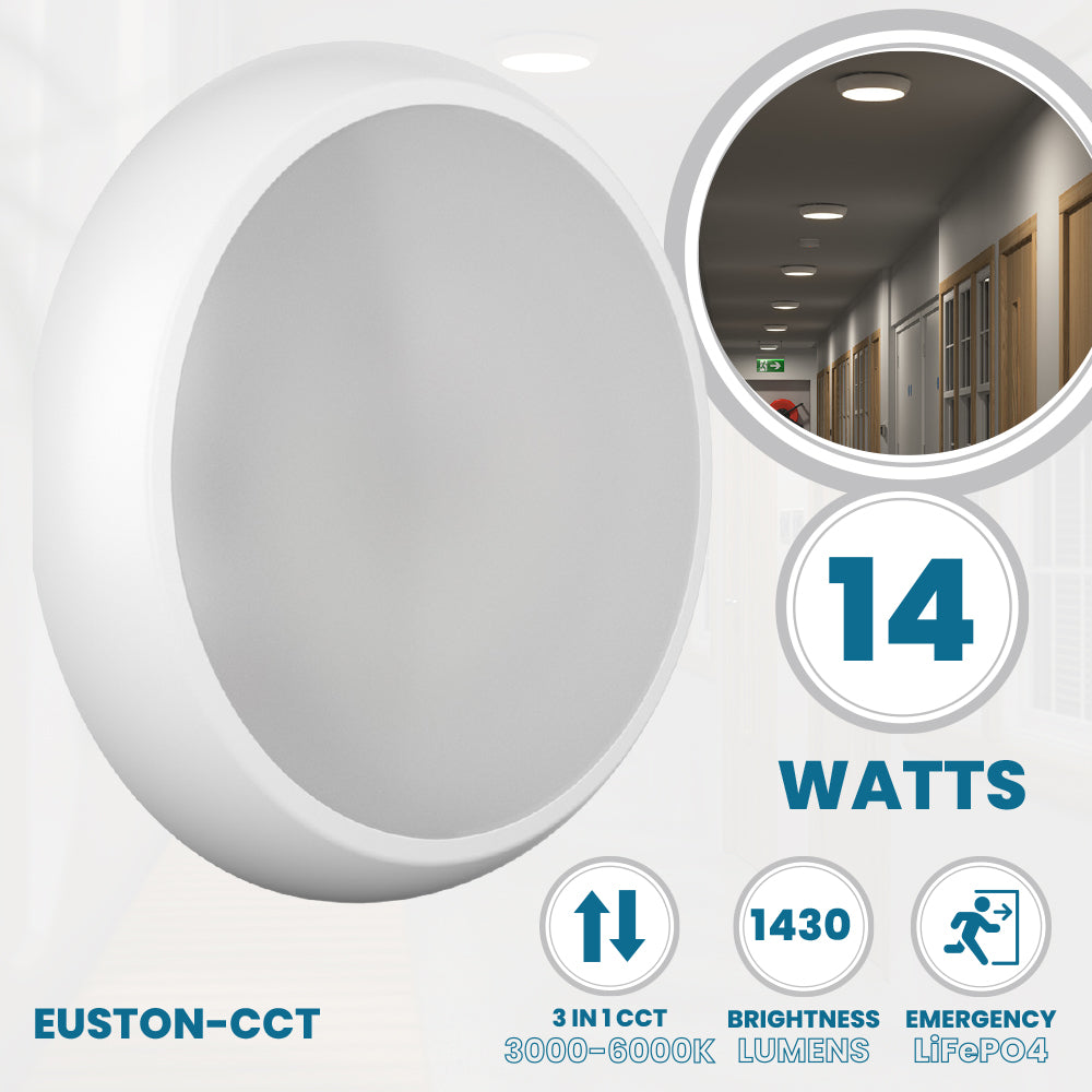 EUSTON CCT Slim Bulkhead Light Fitting | LED 14W 1430lm | CCT Tri-Colour Switchable | IP65 | 3hr Emergency Function