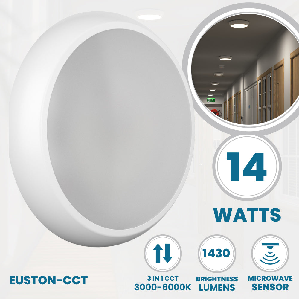 EUSTON CCT Slim Bulkhead Light Fitting | LED 14W 1430lm | CCT Tri-Colour Switchable | IP65 | Microwave Motion Sensor