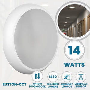 EUSTON CCT Slim Bulkhead Light Fitting | LED 14W 1430lm | CCT Tri-Colour Switchable | IP65 | 3hr Emergency Function | Microwave Motion Sensor