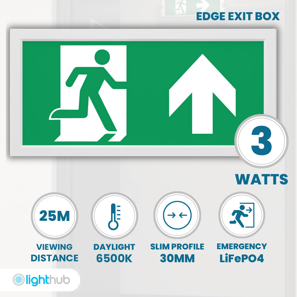 EDGE Slim Over Door Exit Box Running Man Light | LED 3W 200lm | 6000K Daylight White | IP20 | 3hr Emergency Function | UP, DOWN, LEFT & RIGHT Arrows