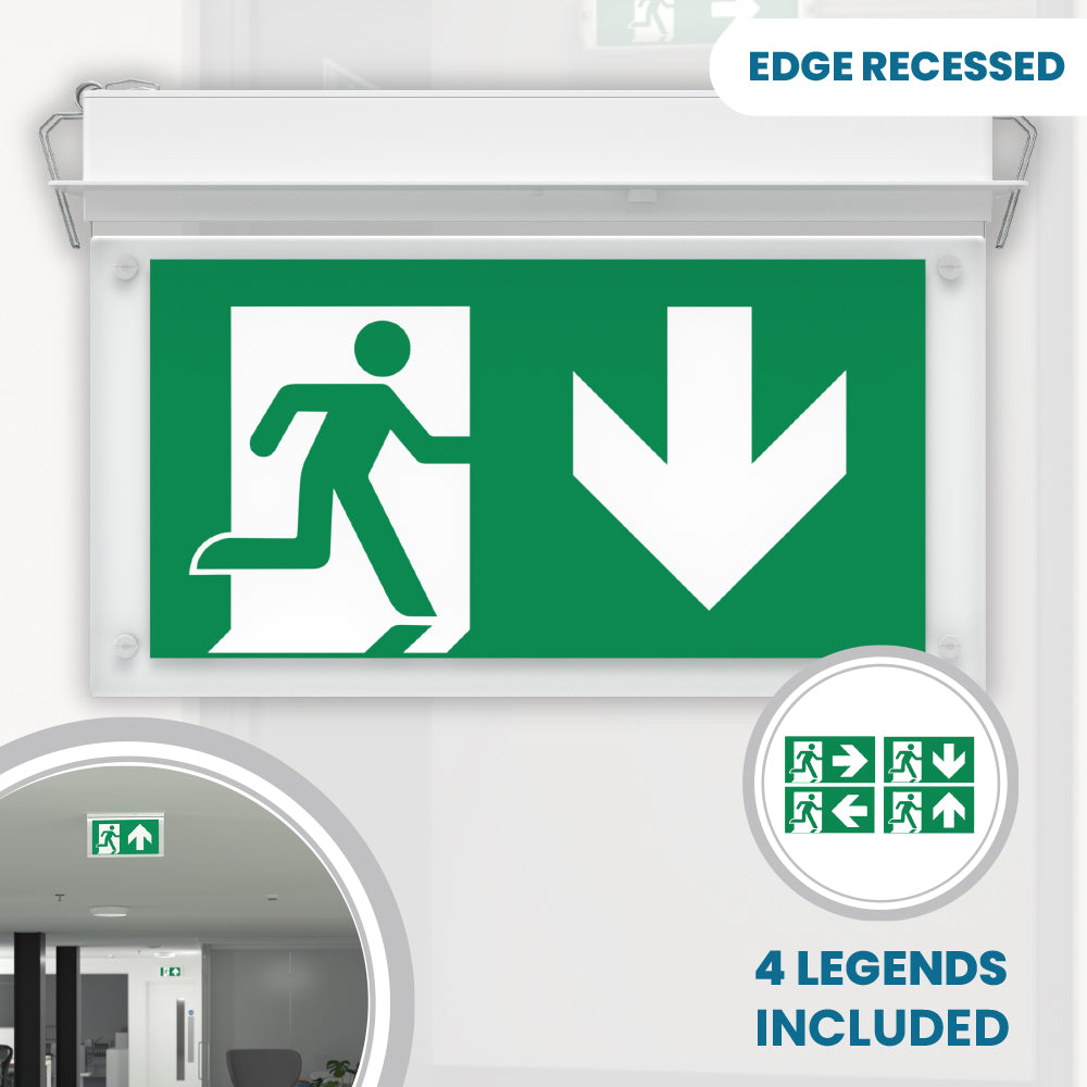 EDGE Recessed Ceiling Exit Running Man Sign Light | LED 3W 200lm | 6000K Daylight White | IP20 | 3hr Emergency Function