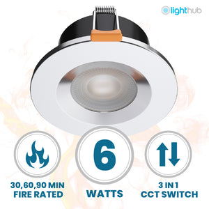 STRATA ONE | Tri-Colour CCT | LED Fire Rated Downlight | Dimmable 6W 600lm | IP65 | Polished Chrome