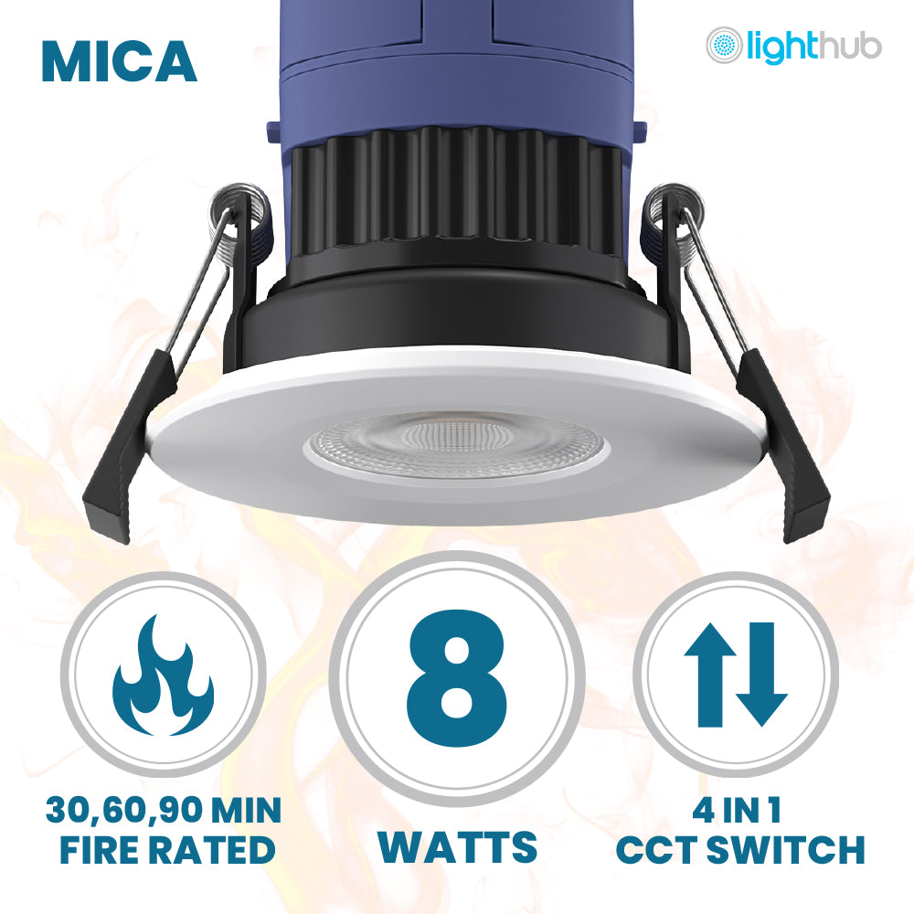 MICA | Quad-Colour CCT | LED Fire Rated Downlight | Dimmable 8W 900lm | IP65 | White