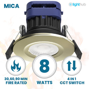 MICA | Quad-Colour CCT | LED Fire Rated Downlight | Dimmable 8W 900lm | IP65 | Polished Brass