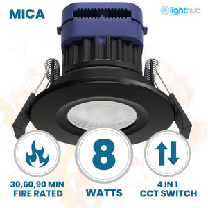 MICA | Quad-Colour CCT | LED Fire Rated Downlight | Dimmable 8W 900lm | IP65 | Black