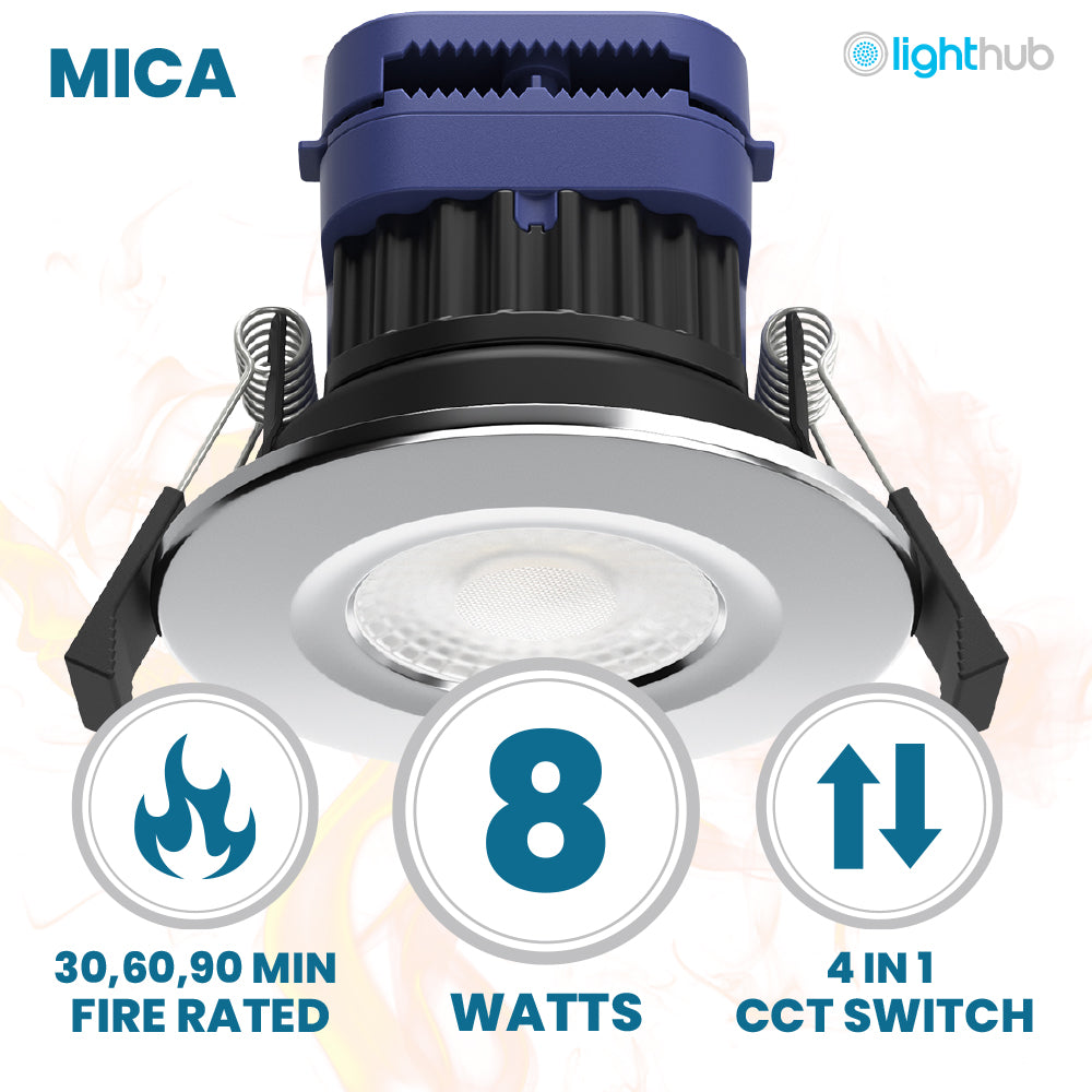 MICA | Quad-Colour CCT | LED Fire Rated Downlight | Dimmable 8W 900lm | IP65 | Brushed Chrome