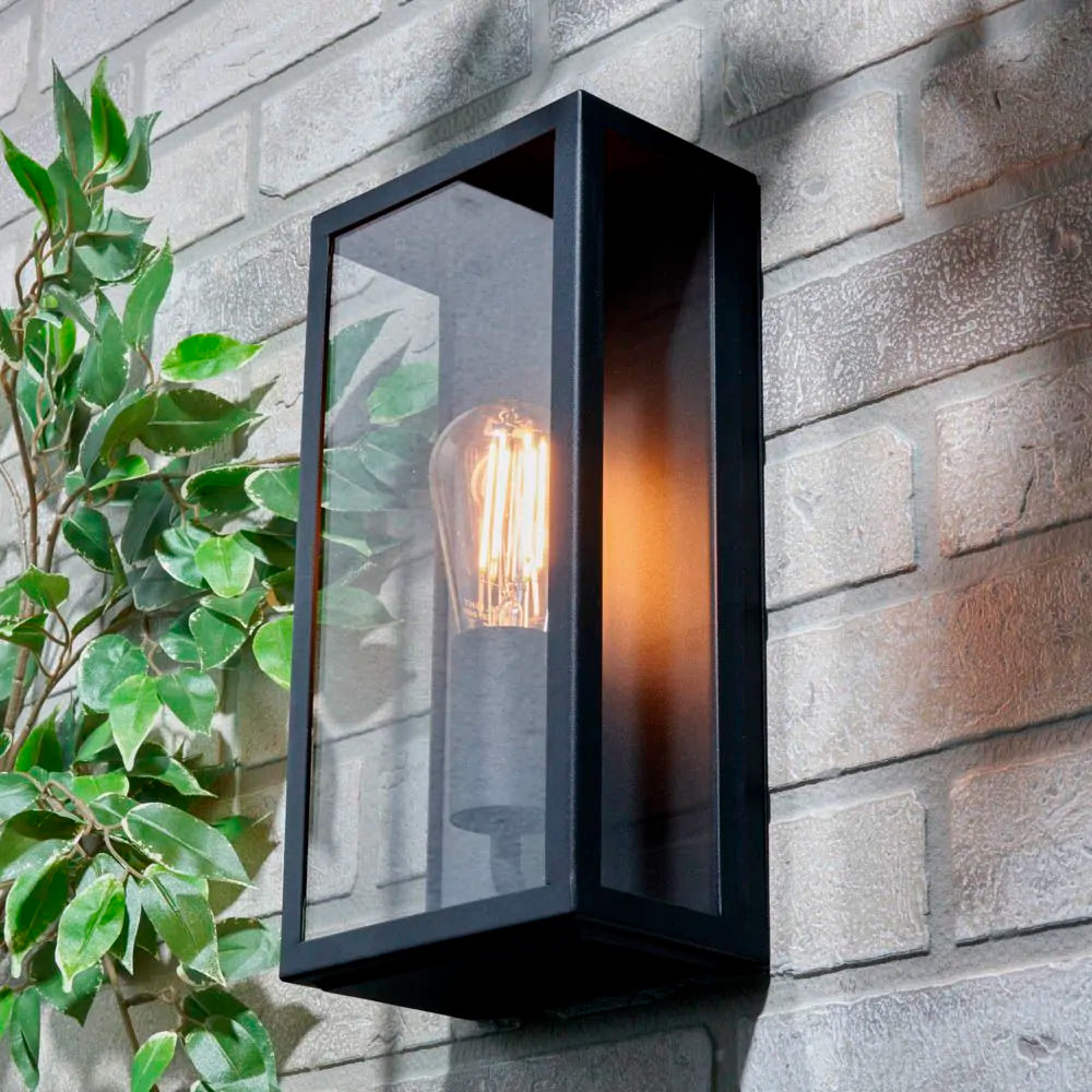 MINERVA | Outdoor Box Glass Wall Porch Lantern Light | E27 | IP44 | Black