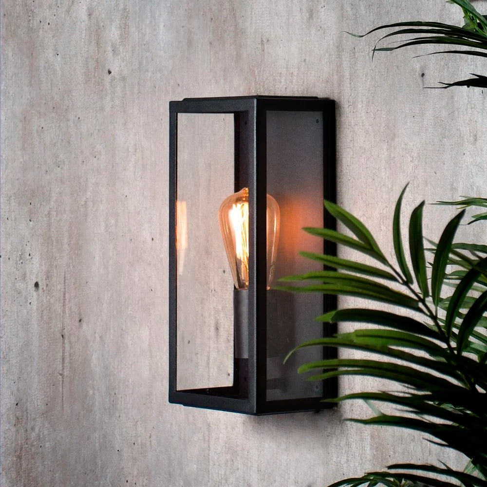 MINERVA | Outdoor Box Glass Wall Porch Lantern Light | E27 | IP44 | Black