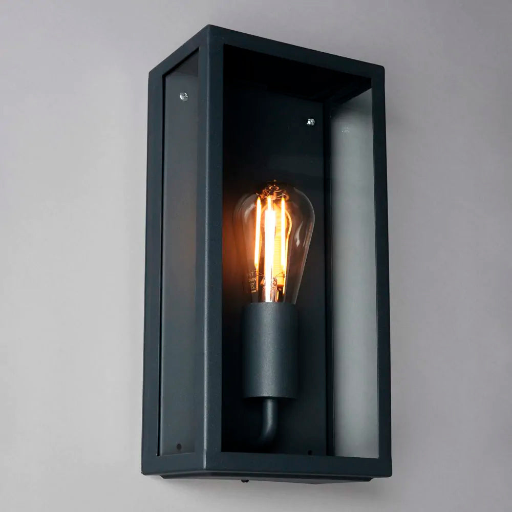 MINERVA | Outdoor Box Glass Wall Porch Lantern Light | E27 | IP44 | Black