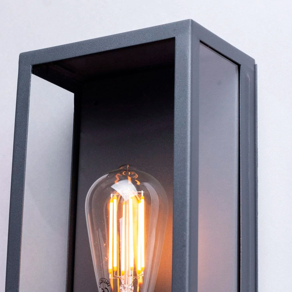 MINERVA | Outdoor Box Glass Wall Porch Lantern Light | E27 | IP44 | Anthracite