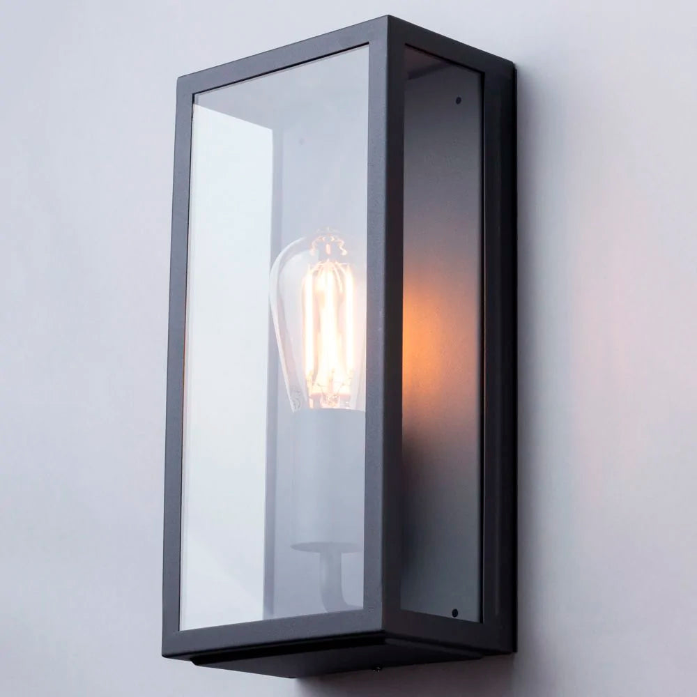 MINERVA | Outdoor Box Glass Wall Porch Lantern Light | E27 | IP44 | Anthracite