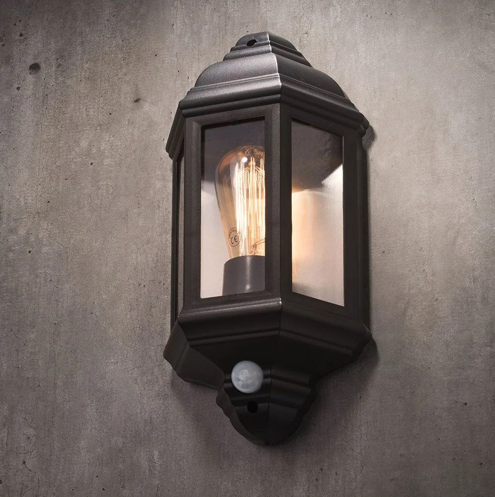 Outdoor Wall Porch Half Coach Lantern Light | E27 | IP44 | Black | PIR Motion Sensor