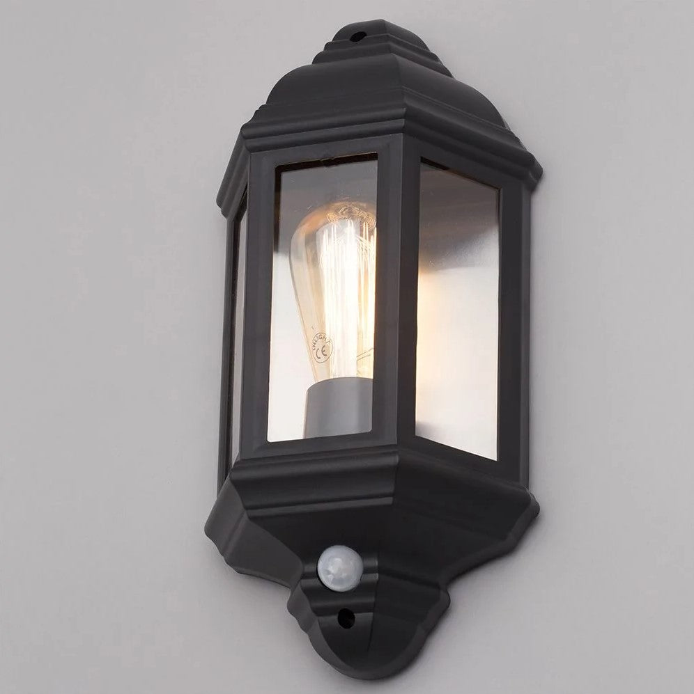 Outdoor Wall Porch Half Coach Lantern Light | E27 | IP44 | Black | PIR Motion Sensor