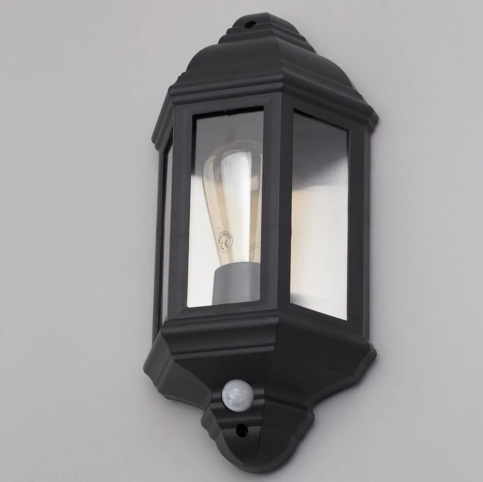 Outdoor Wall Porch Half Coach Lantern Light | E27 | IP44 | Black | PIR Motion Sensor