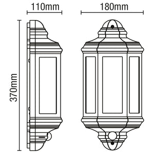 Outdoor Wall Porch Half Coach Lantern Light | E27 | IP44 | Black | PIR Motion Sensor