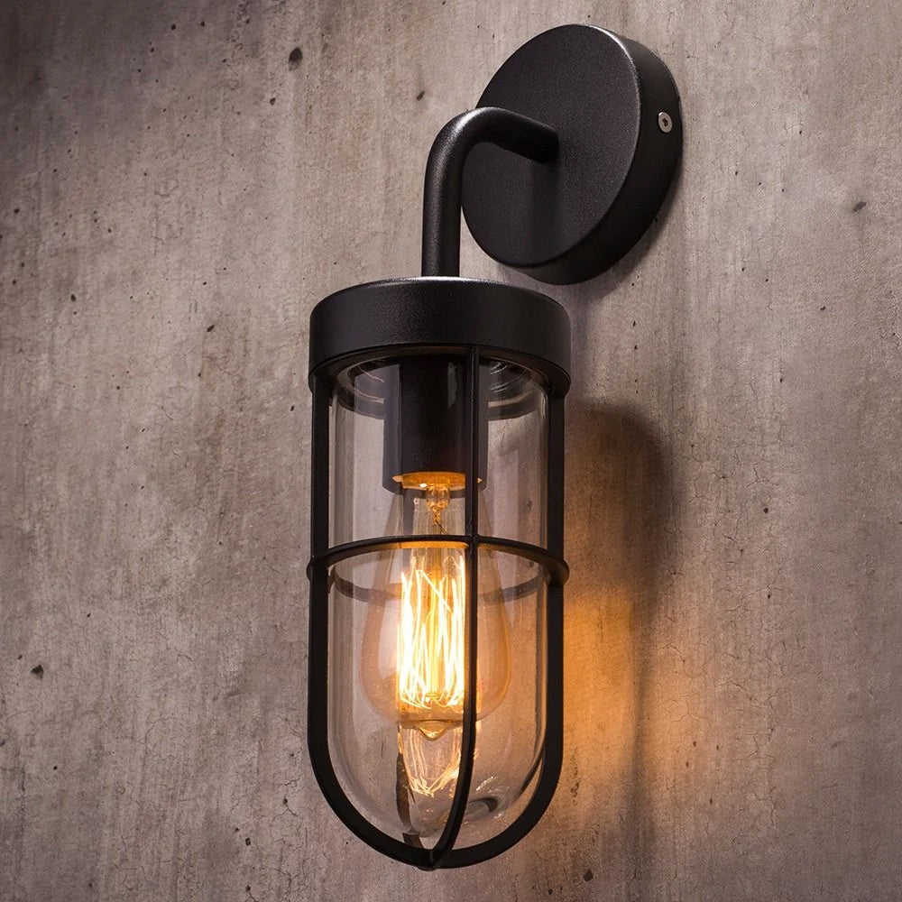 WOKING | Outdoor Cage Down Wall Porch Nautical Industrial Lantern Light | E27 | IP44 | Black